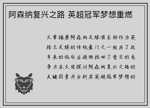 阿森纳复兴之路 英超冠军梦想重燃
